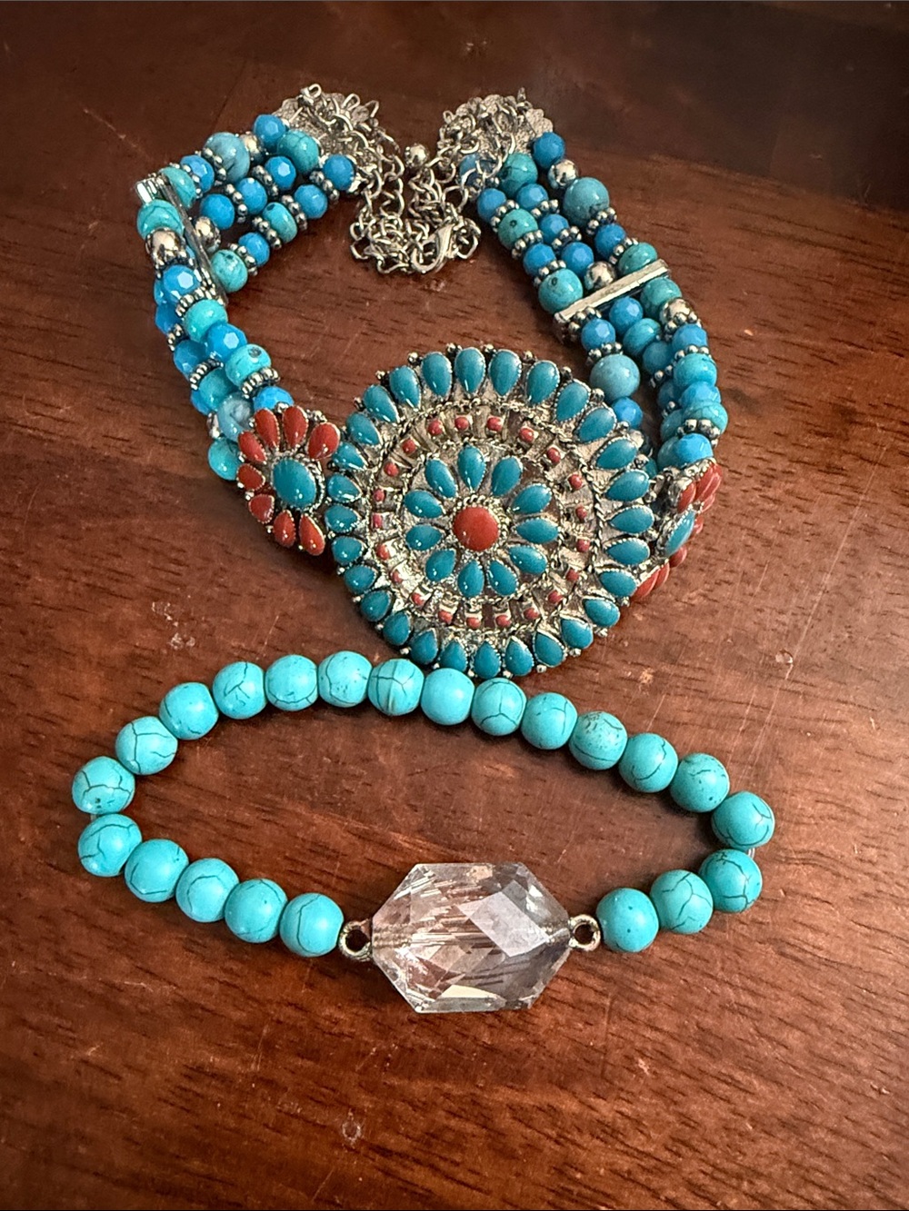 Turquoise Beaded Bracelet Set with Decorative Medallion